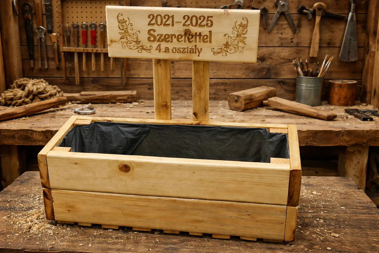 Virágláda gravírozott táblával